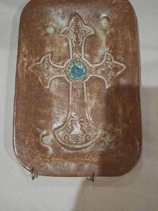 Other - Decorative Brown Cross Wall Plaque with Blue Accent